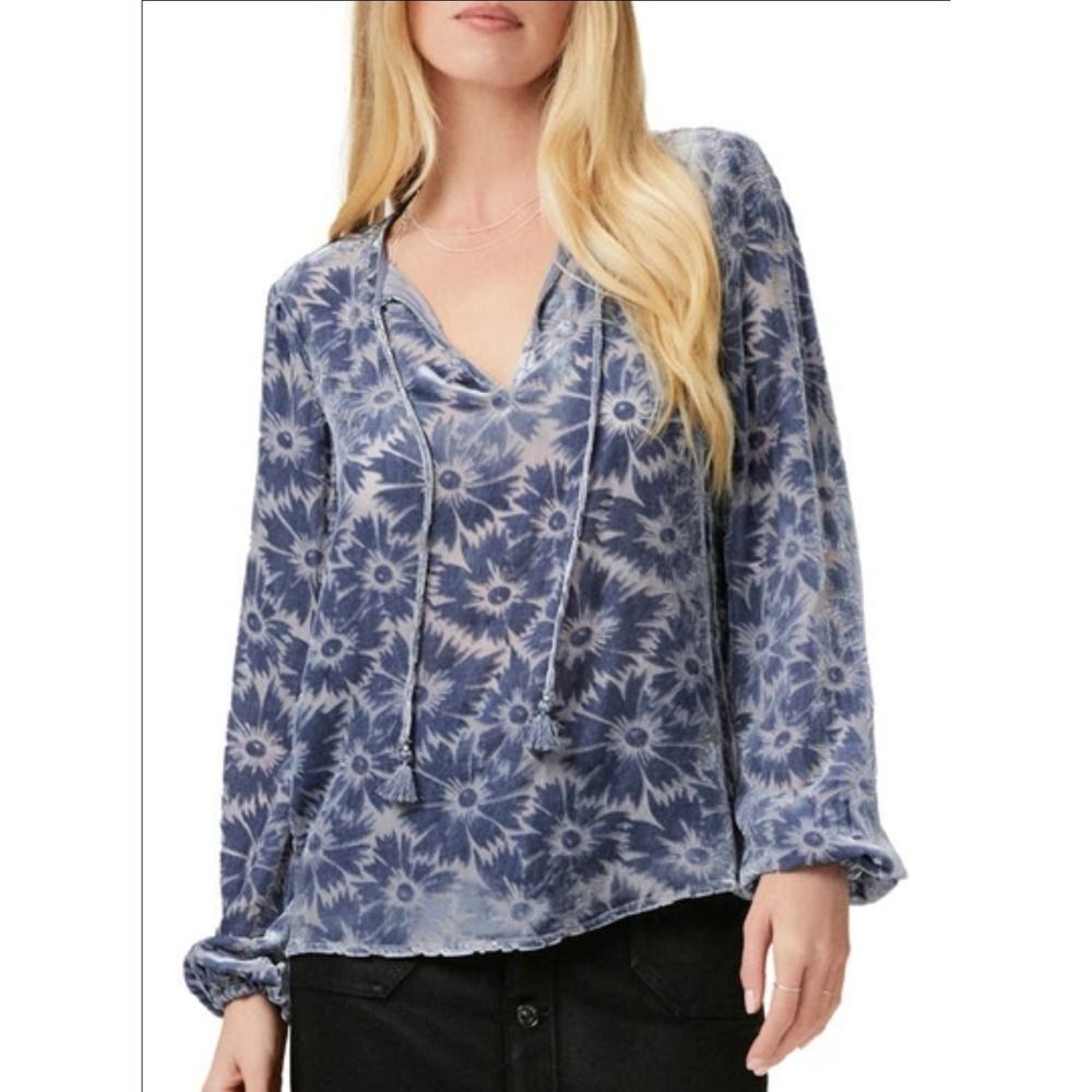 Paige Selmah Iced Slate Floral Velvet Long Sleeve Tassel Tie Blouse XS